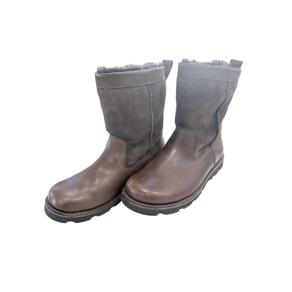 UGG Australia Womens Brown Leather Suede Shearling Lined Winter Boots Mid Calf